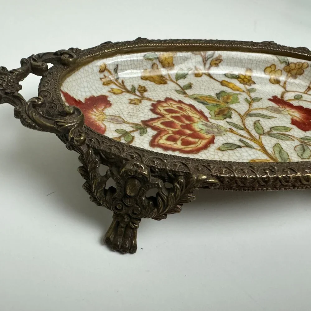 Vintage Chinese Brass and Porcelain Footed Floral Trinket Dish